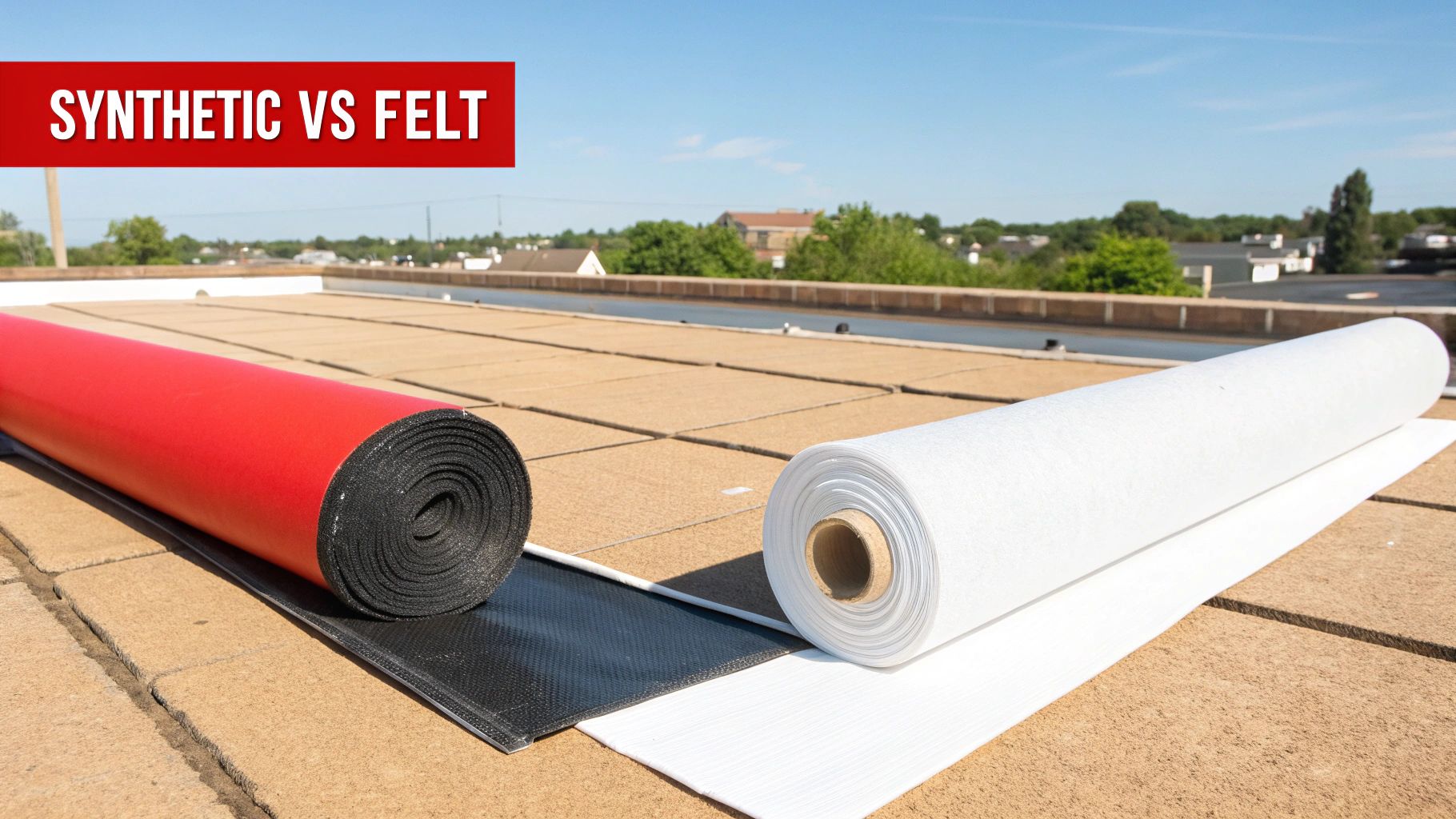 Two large rolls of roofing underlayment, a red synthetic and a white felt, laid on a flat roof.