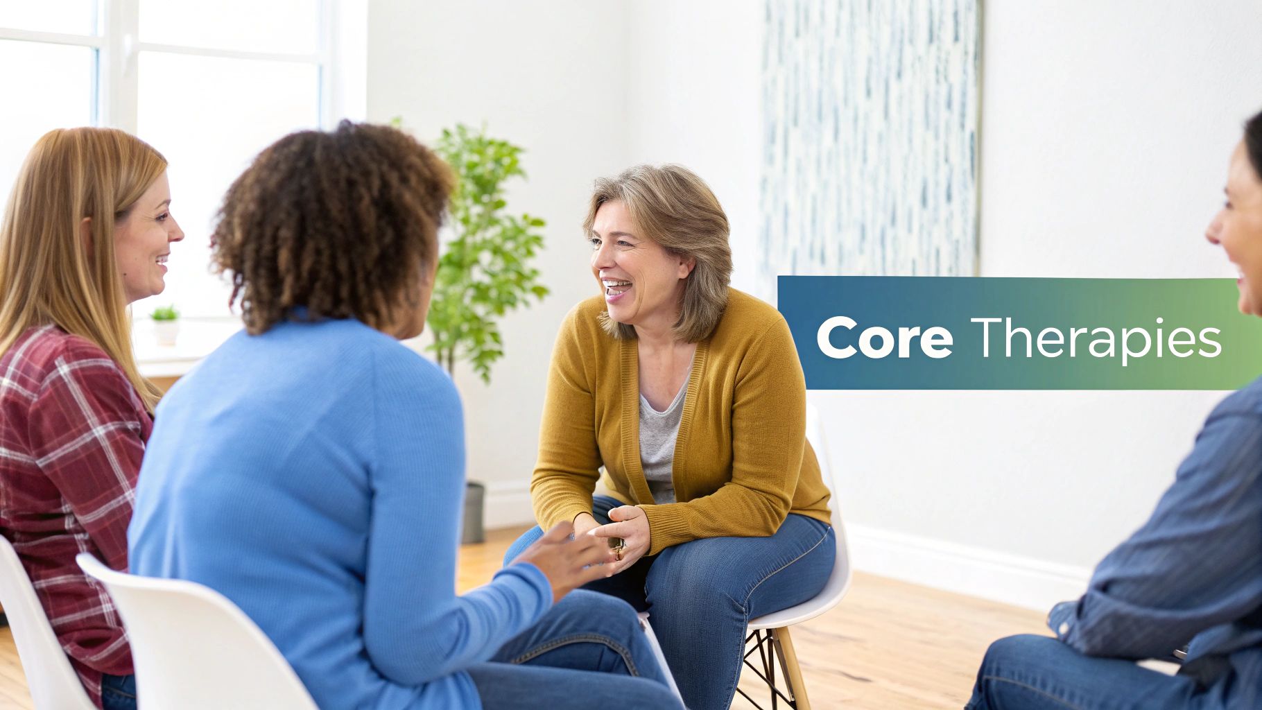 A group of diverse women smiling and talking in a therapy session, with 'Core Therapies' overlay.