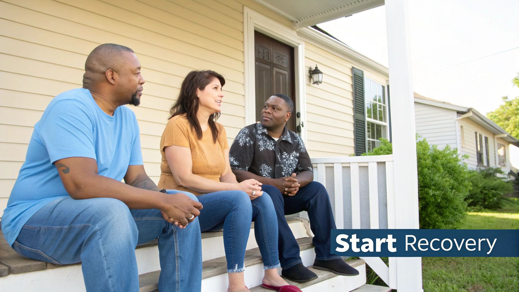 Three people having supportive conversation on front porch of residential sober living home