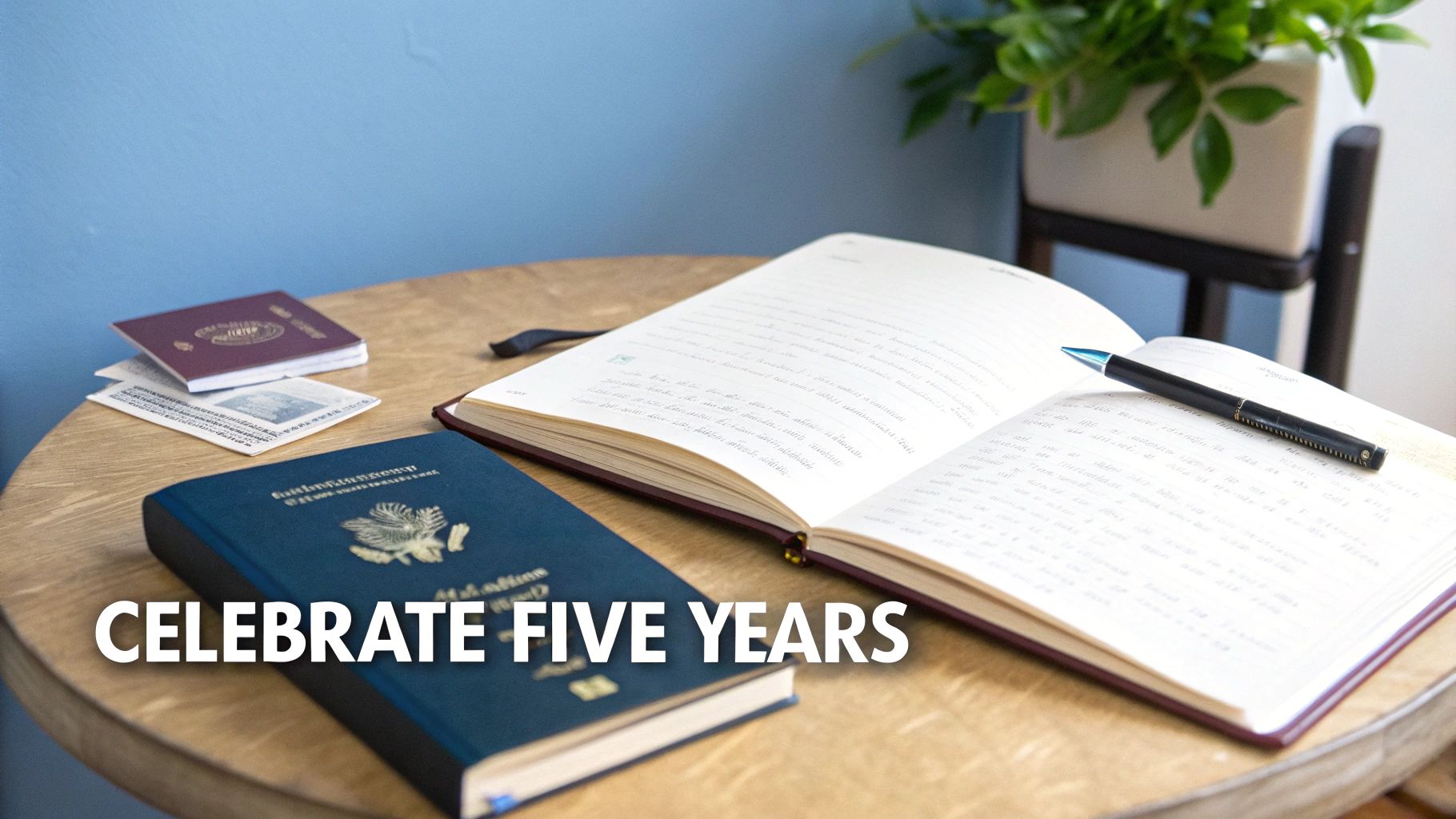 A real person's travel essentials, including passports and an open journal with a pen, arranged on a wooden desk, symbolizing the freedom and new life chapters that five years of sobriety can bring.