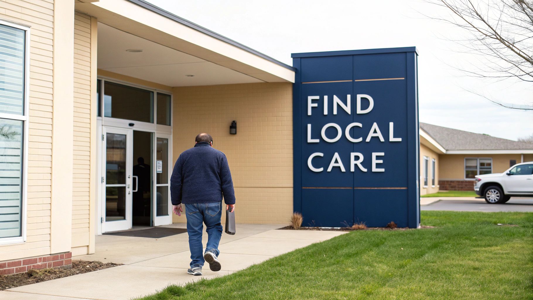 A man walks towards the entrance of a building with a sign displaying "FIND LOCAL CARE."