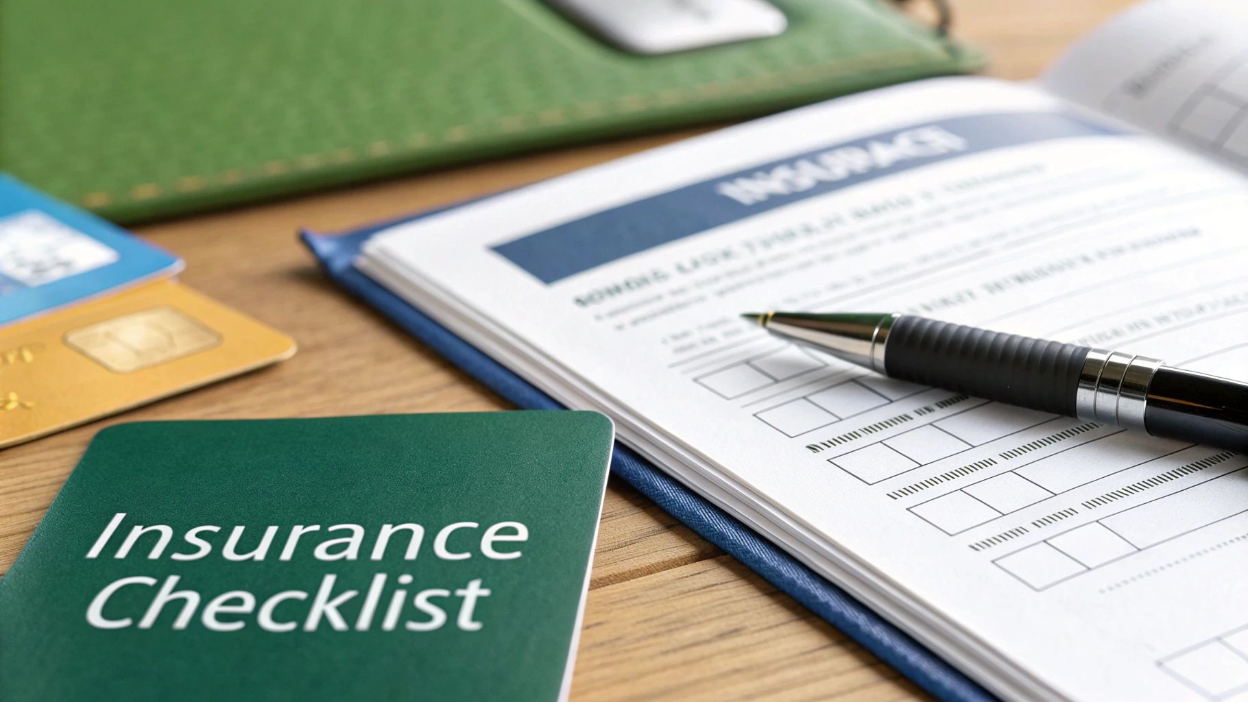An insurance checklist booklet, open policy document, and pen on a wooden desk with credit cards.
