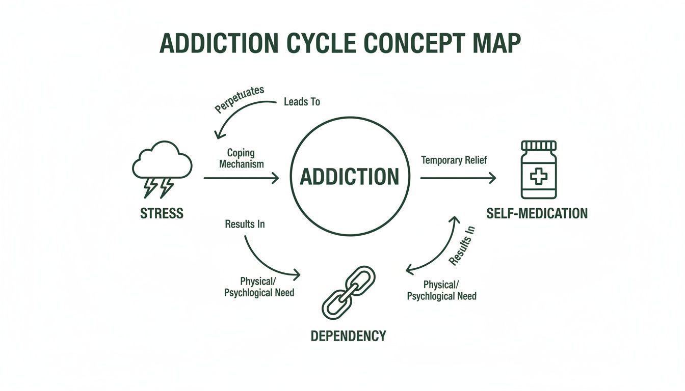 A concept map illustrates the addiction cycle, linking stress, addiction, self-medication, and dependency.