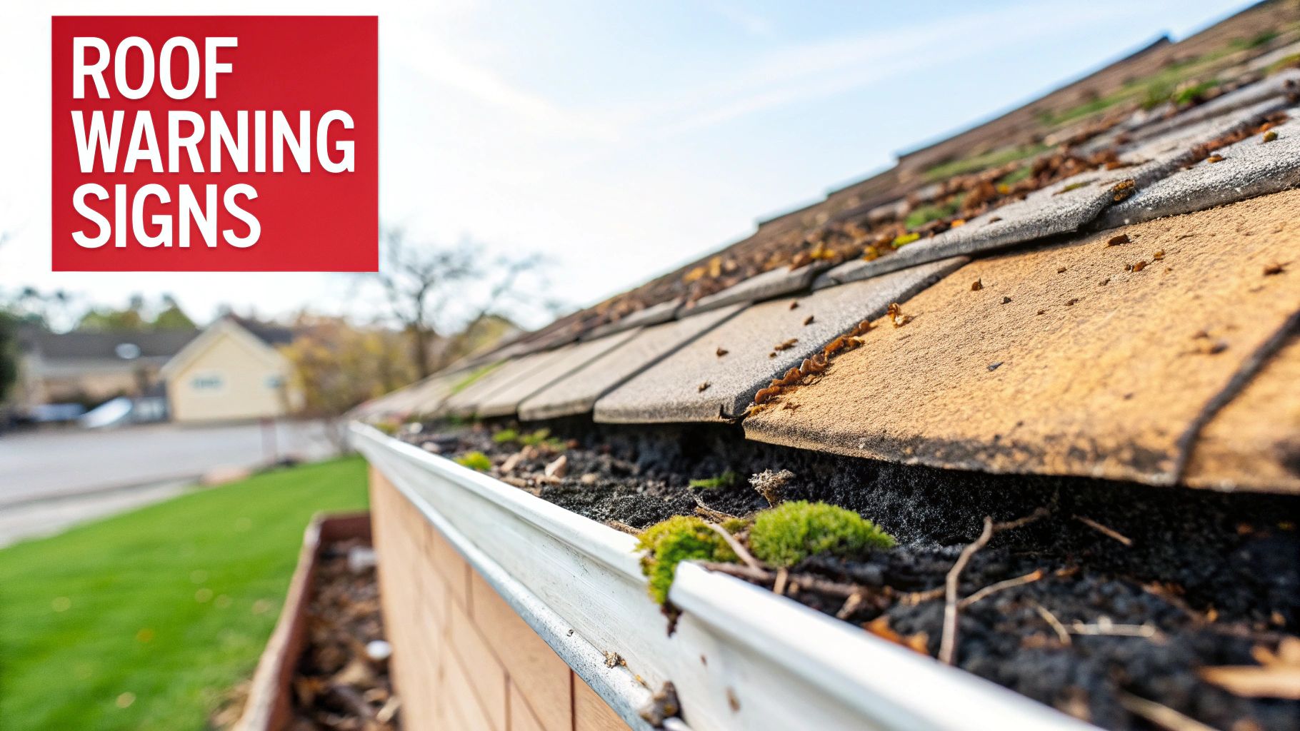 A close-up view of damaged and curling roof shingles.
