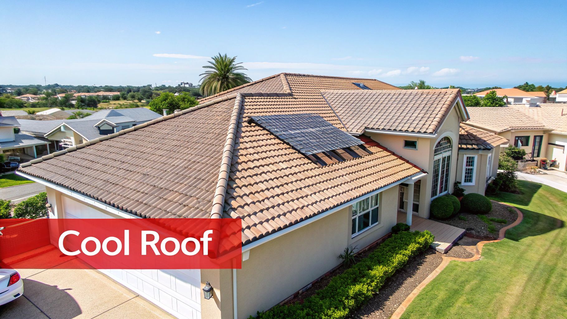 Aerial view of a residential house with a terracotta tile roof and solar panels.