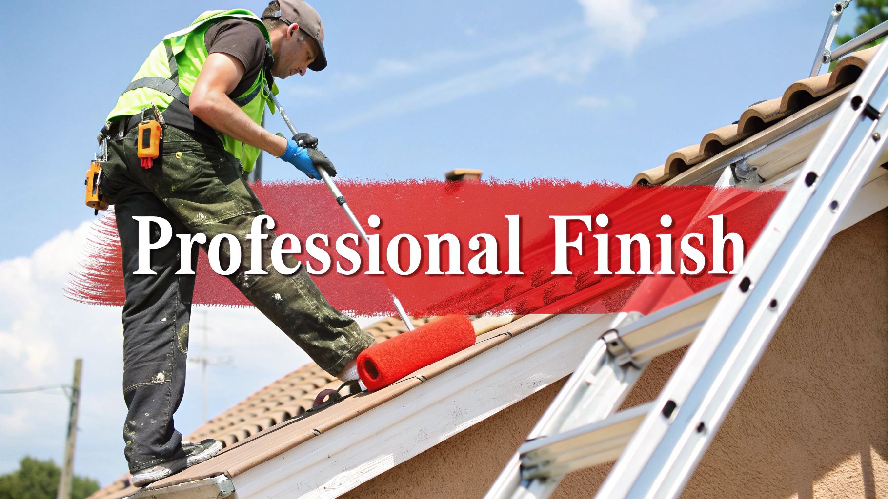 A professional roofer carefully applying white roof coating with a roller.