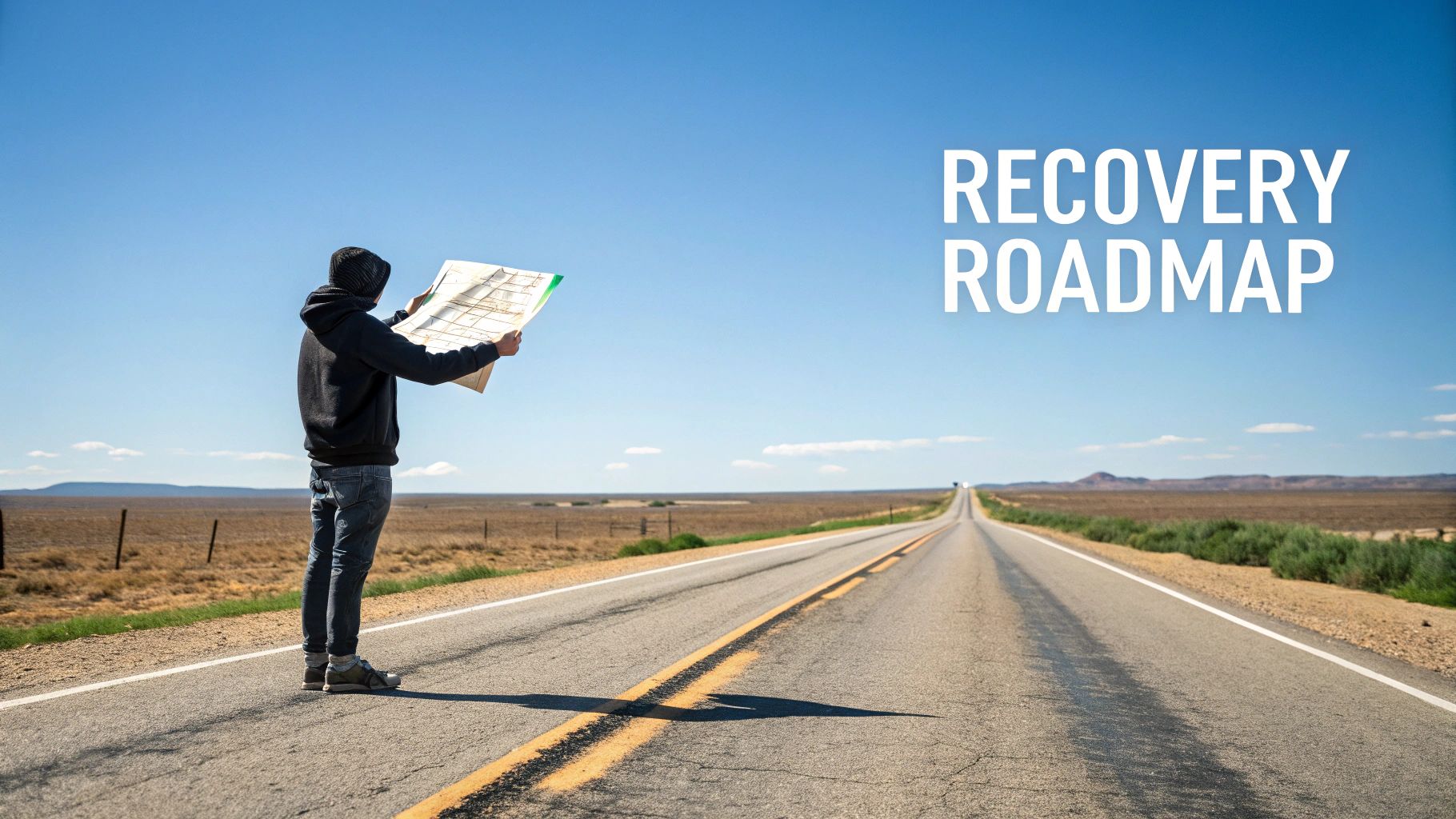 A person stands on a long desert road, looking at a map, with text 'RECOVERY ROADMAP'.