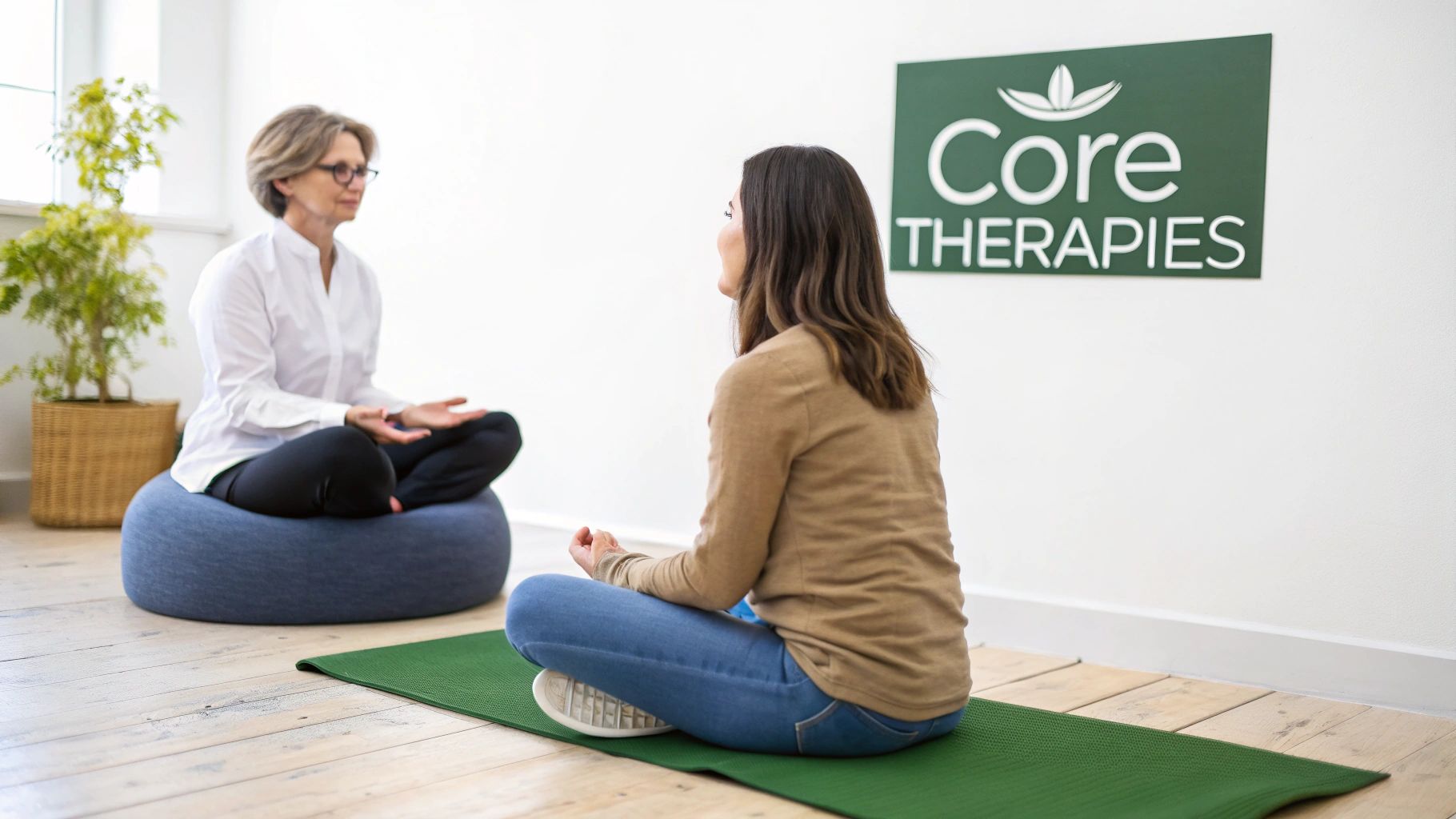 A therapist and client having a one-on-one counseling session in a calm and professional office setting.