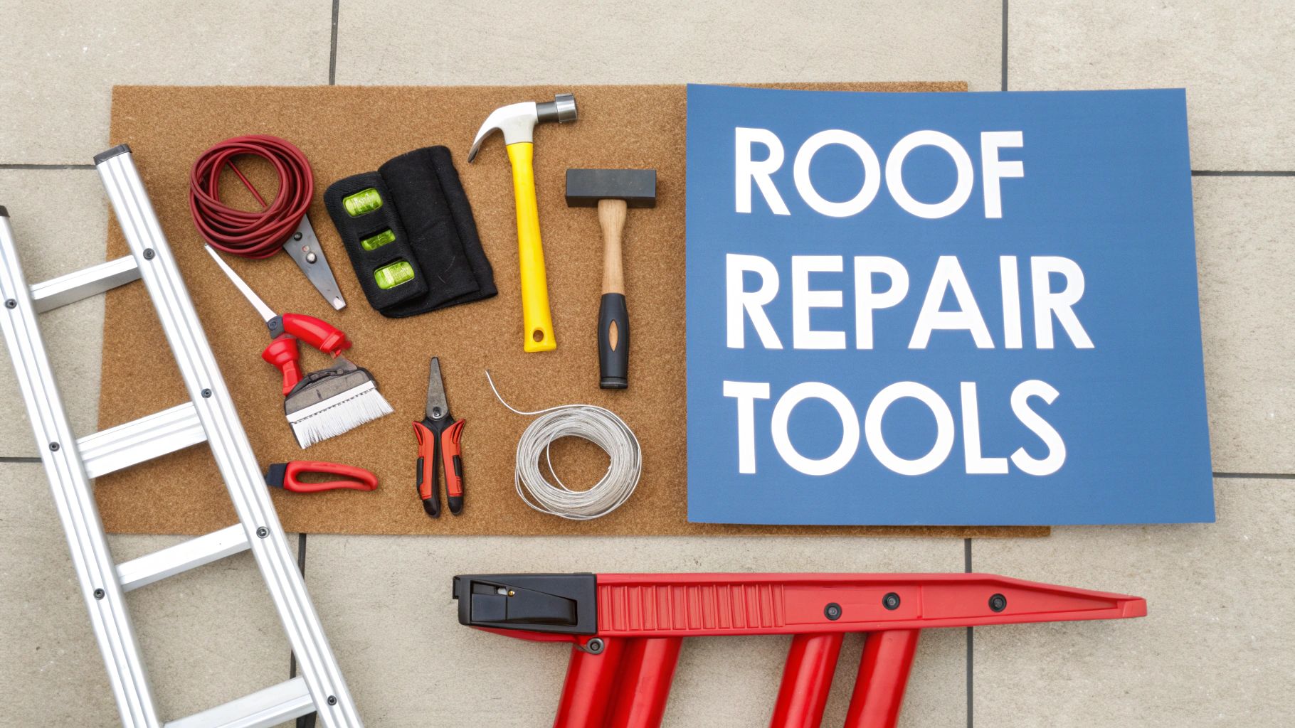 A collection of roofing tools like a hammer, pry bar, and utility knife laid out on a wooden surface.