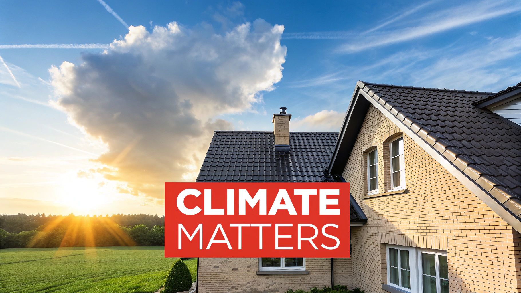 A sunny suburban neighborhood street with diverse house styles, representing different regional climates.