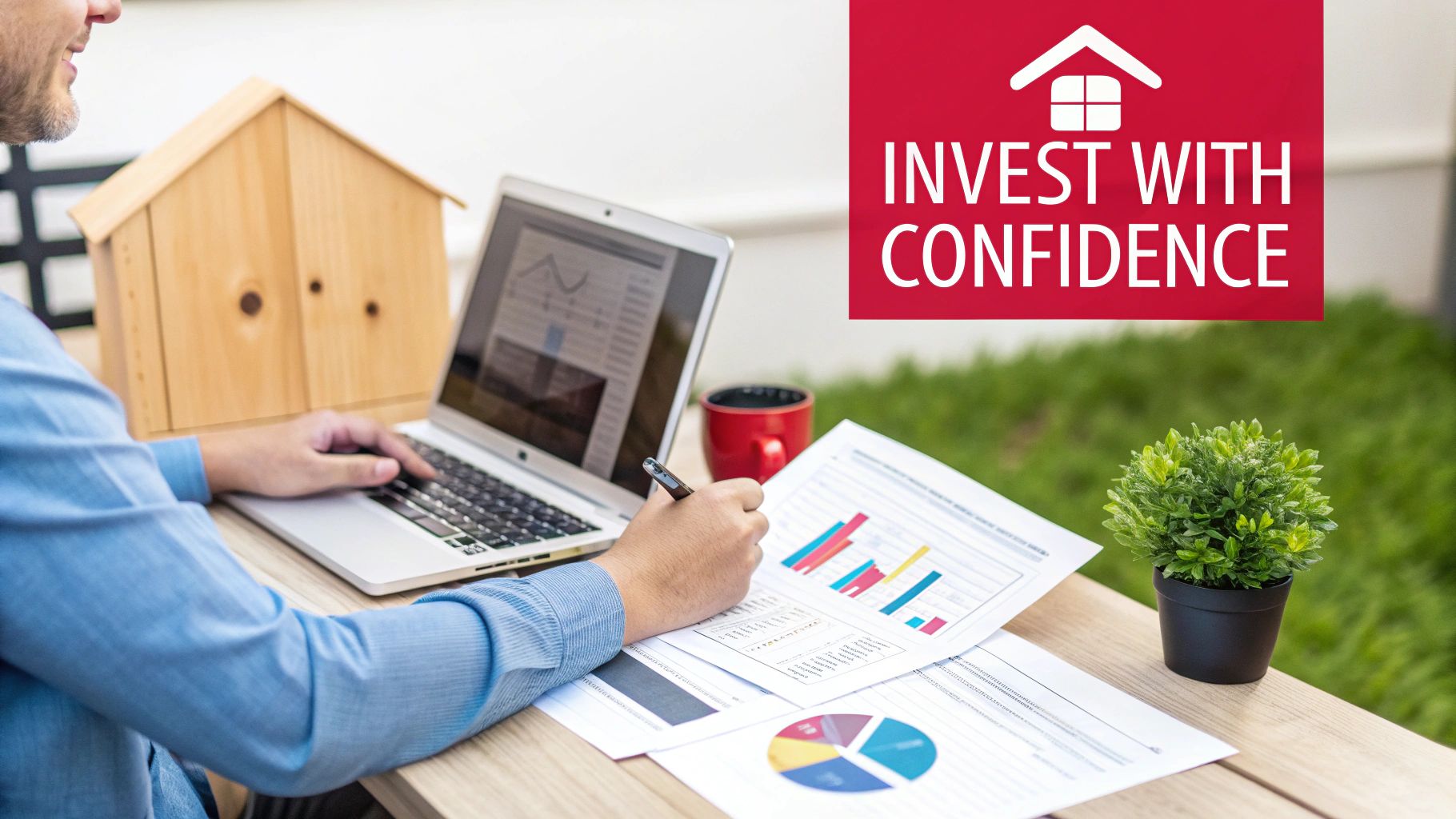 A person analyzing real estate market data on a laptop and documents, with a house model and 'Invest with Confidence' banner.