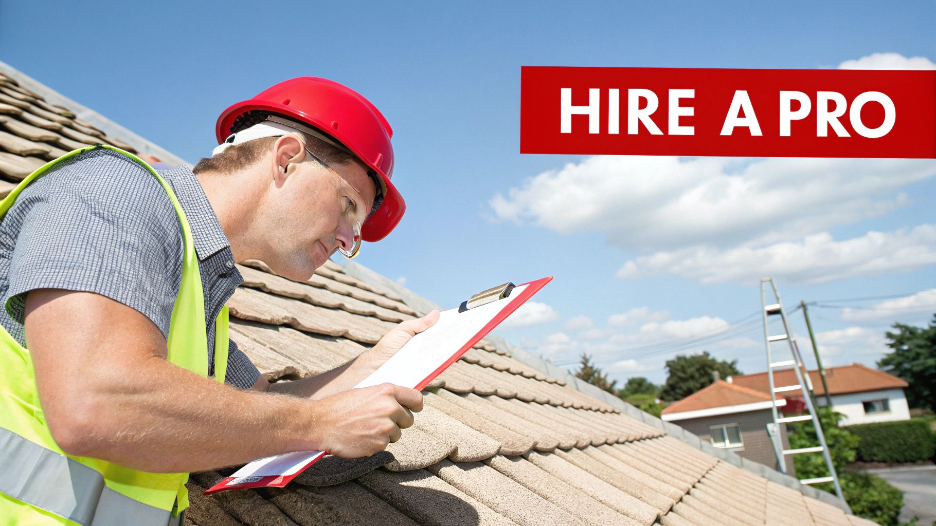 Roofer in hard hat and safety vest inspecting a concrete tile roof with a clipboard. A 'HIRE A PRO' banner is visible.