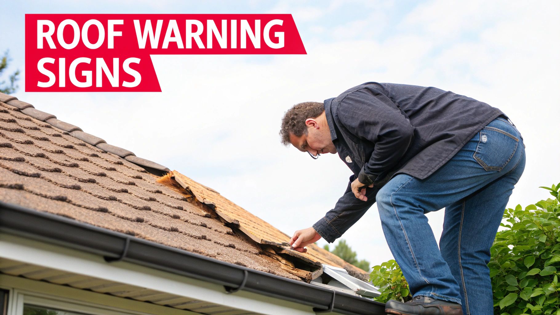 A man inspects damaged, curling shingles on a brown roof with a gutter, showing warning signs.