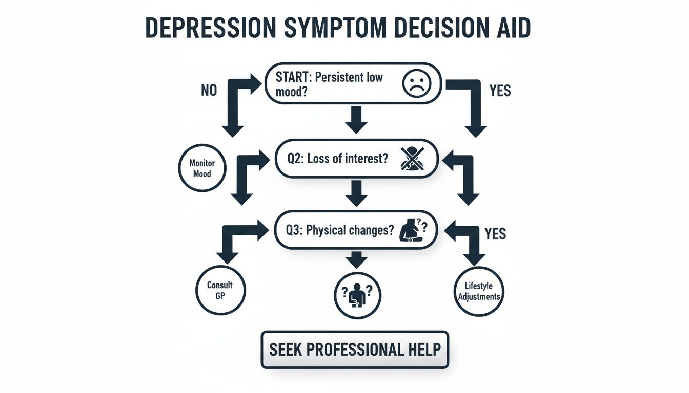 Flowchart illustrating a depression symptom decision aid, guiding users through questions on mood, interest, and physical changes.