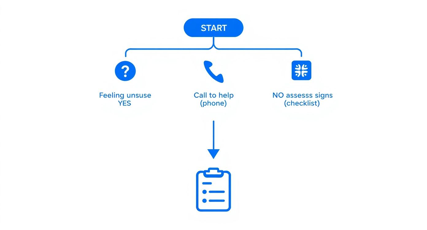 Flowchart showing first steps in detox process: feeling unsure, call for help, and assess signs