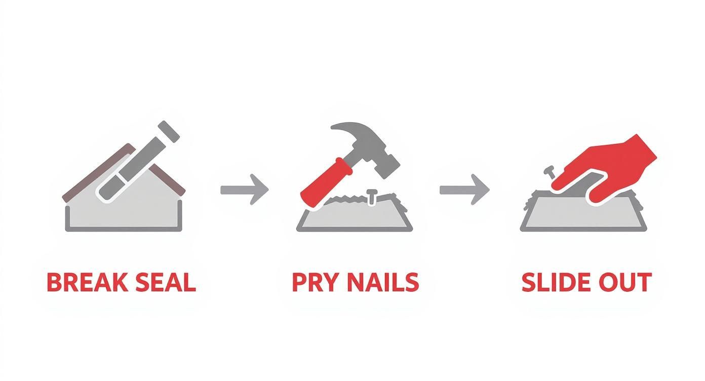 Infographic showing the three steps to remove a damaged roof shingle: Break Seal, Pry Nails, and Slide Out.