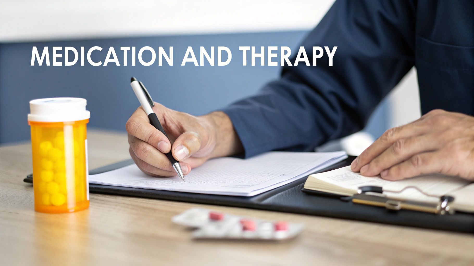 A split image showing a person taking medication on one side and two people in a therapy session on the other, representing the dual approach to depression treatment.