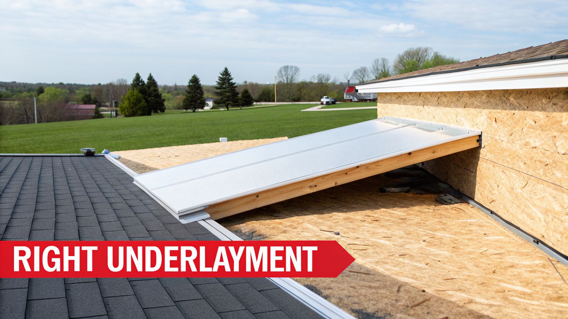 Roofing contractor installing underlayment on a roof deck before metal panels are added.