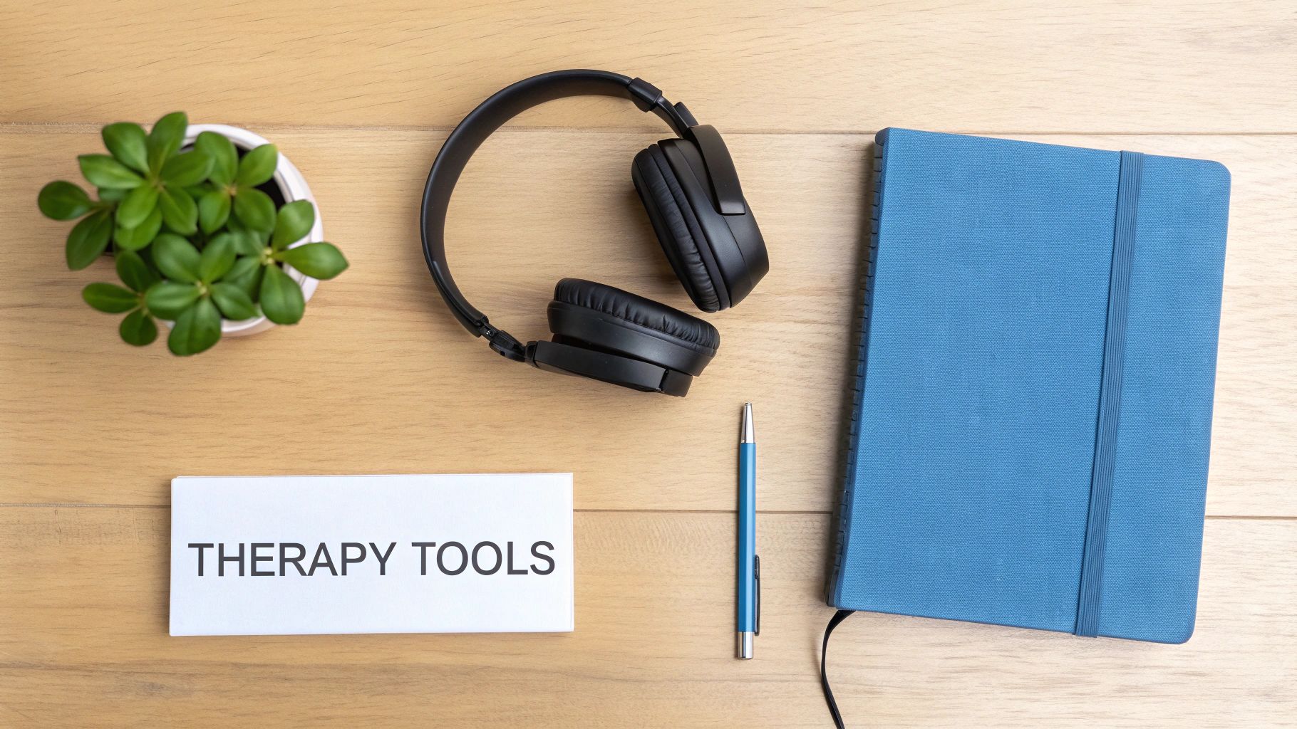 Overhead view of therapy tools: black headphones, blue notebook, green plant, pen, and a 'THERAPY TOOLS' sign.