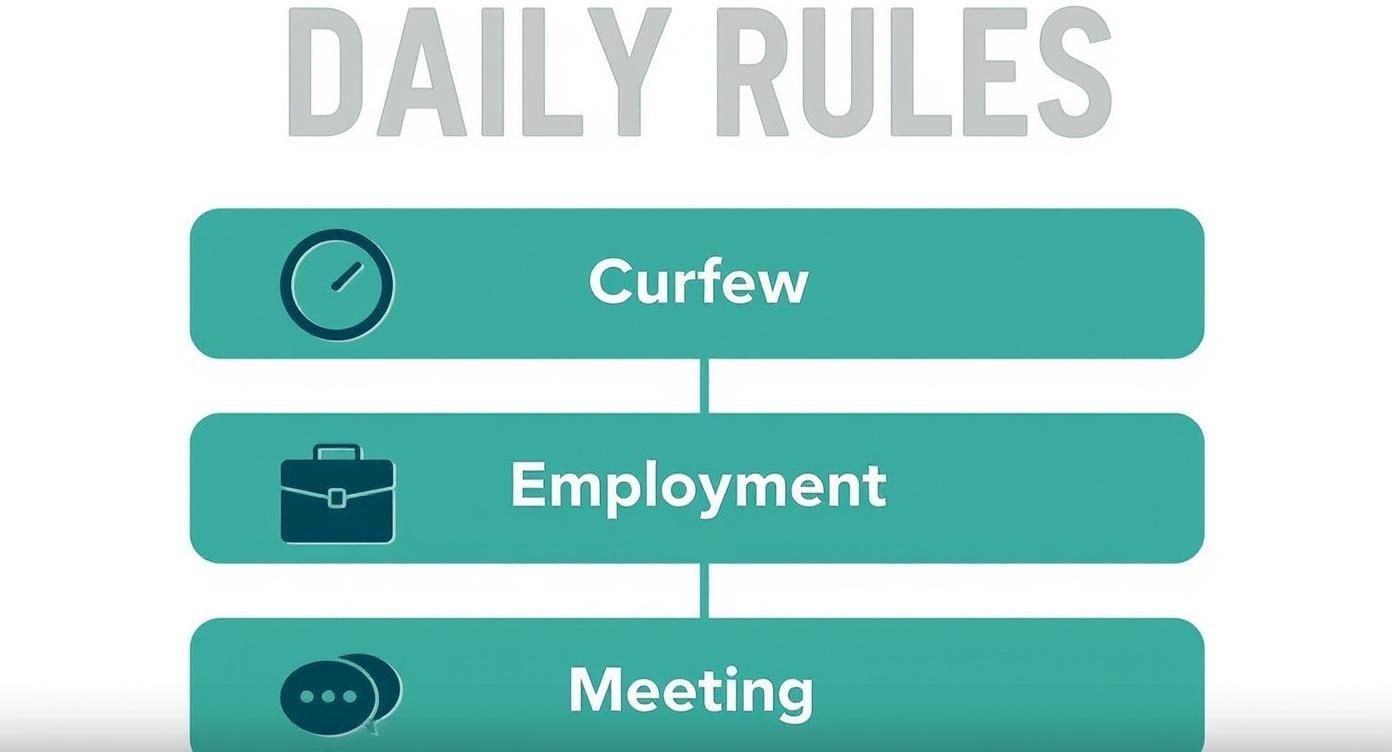 Daily rules infographic showing three categories: curfew, employment, and meeting with icons on teal background