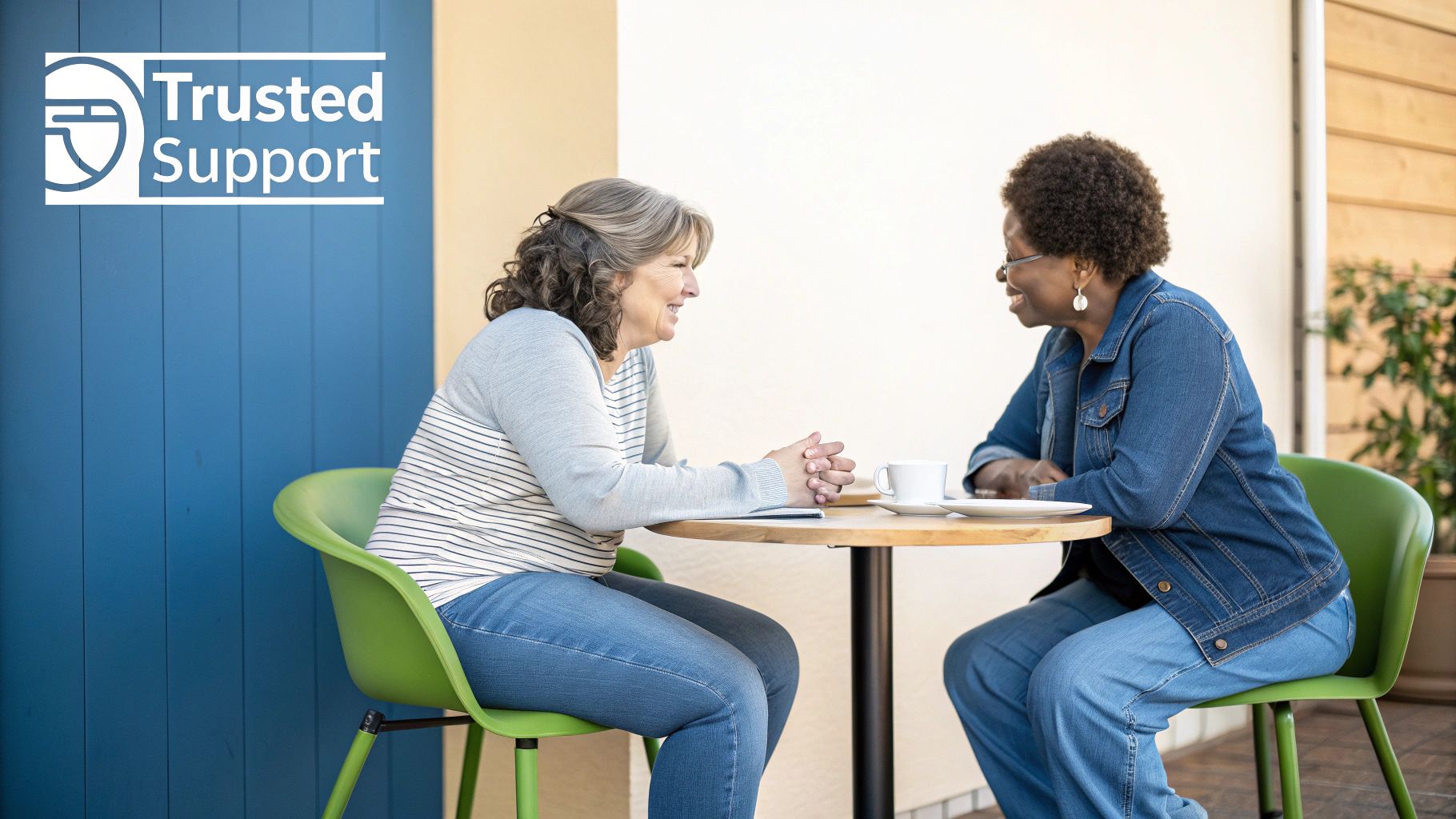 Two people having a serious, empathetic conversation in a well-lit, comfortable room.