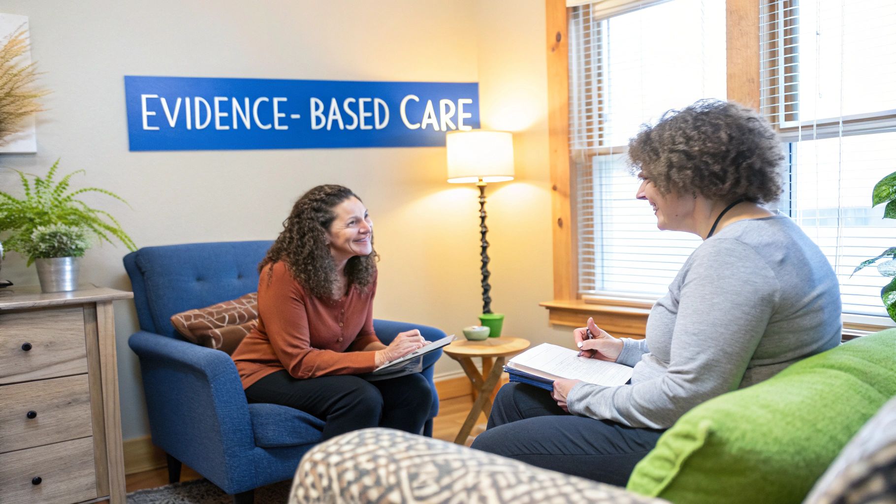 A therapist and patient discussing a treatment plan in a bright, modern office.
