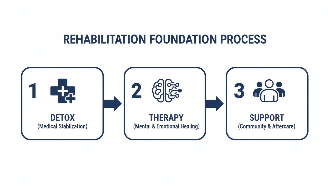 A three-step rehabilitation foundation process diagram illustrating detox, therapy, and support for recovery.