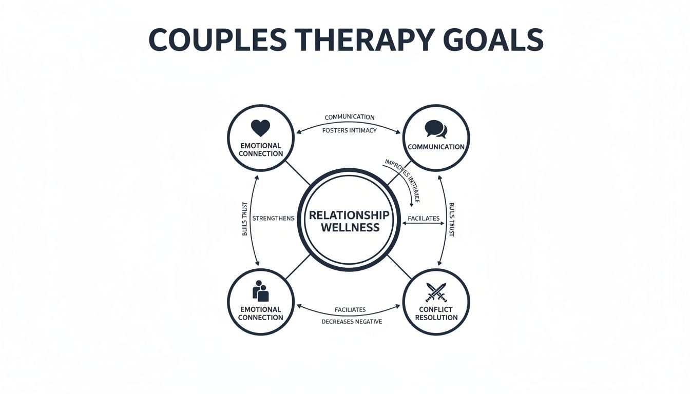 A circular diagram outlining couples therapy goals, centering on relationship wellness, communication, emotional connection, and conflict resolution.