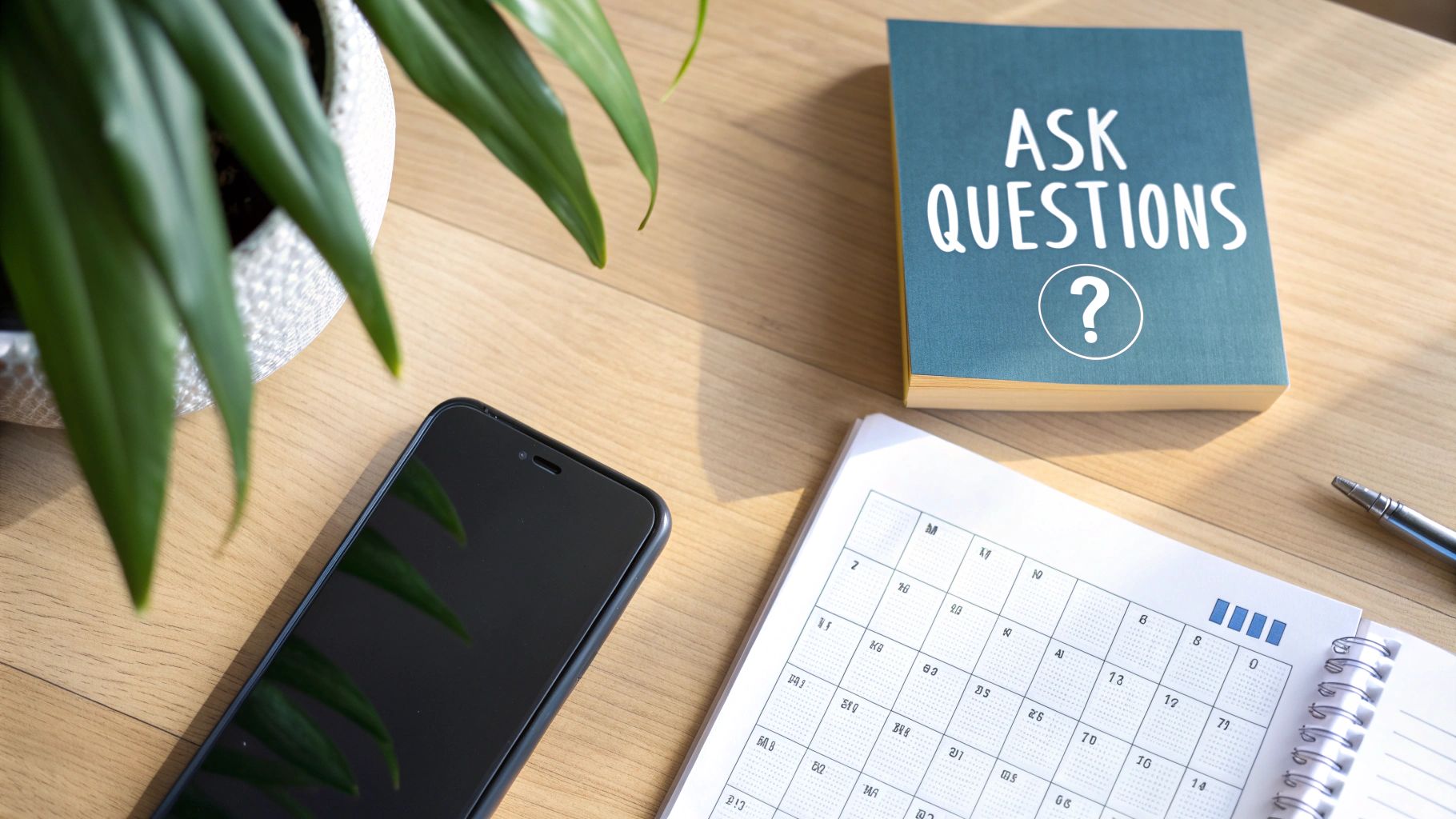 Overhead view of a workspace with a plant, phone, open planner, pen, and 'Ask Questions' book.