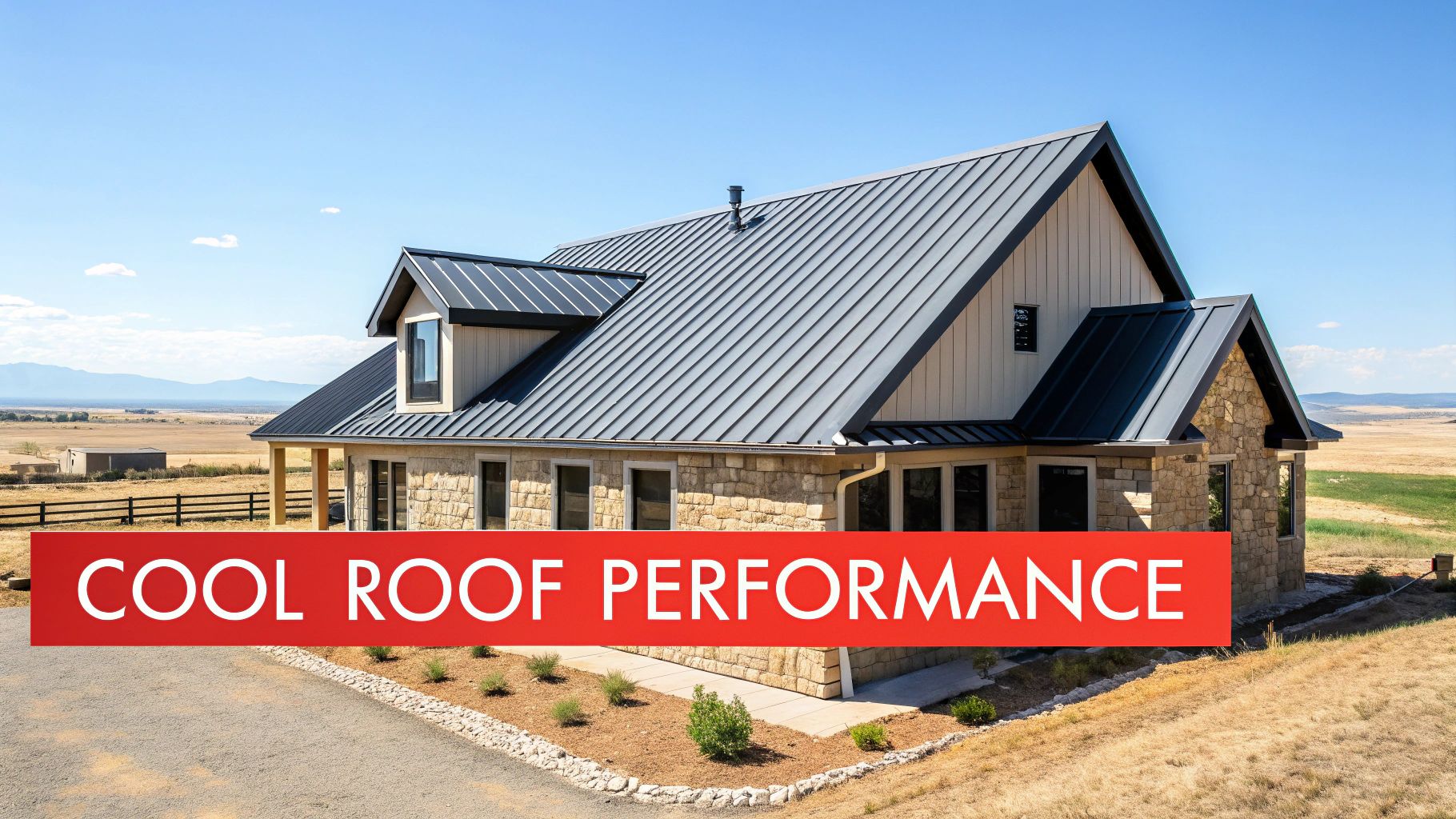 A modern house with a dark standing seam metal roof and stone siding in a rural setting, with text 'COOL ROOF PERFORMANCE'.
