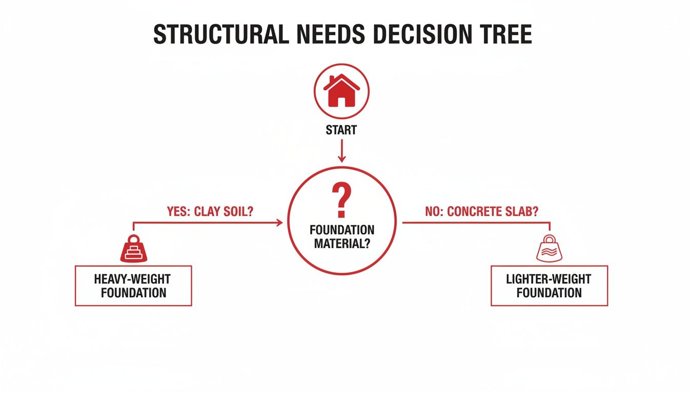 A decision tree illustrating structural foundation needs based on clay soil or concrete slab.