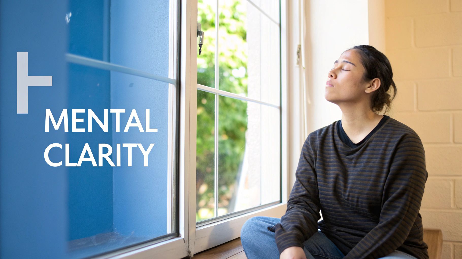 A person sits peacefully by a window with eyes closed, embodying mental clarity and tranquility.