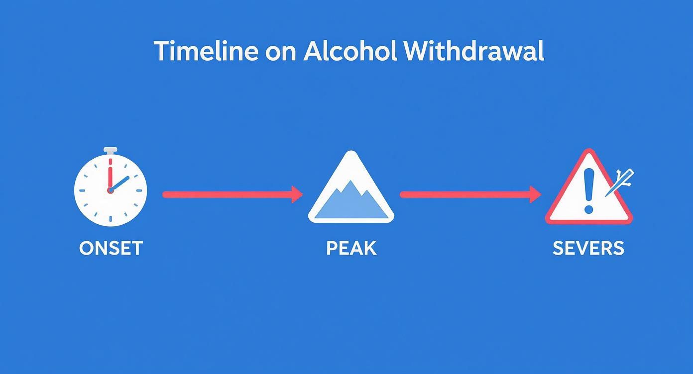 Infographic timeline visualizing the onset, peak, and severe stages of alcohol withdrawal symptoms and treatment.