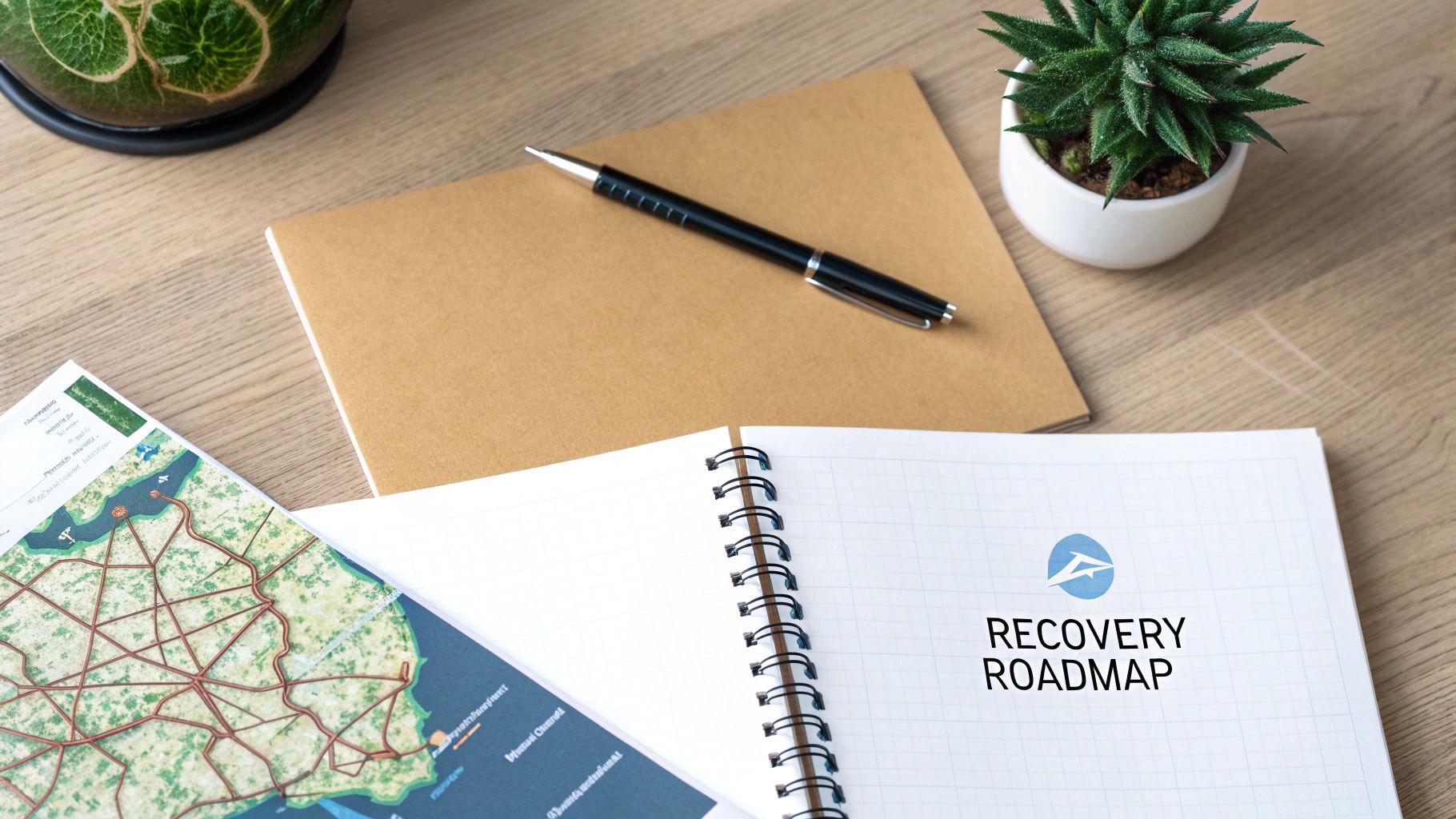 Recovery roadmap notebook with map and succulent plants on wooden desk workspace