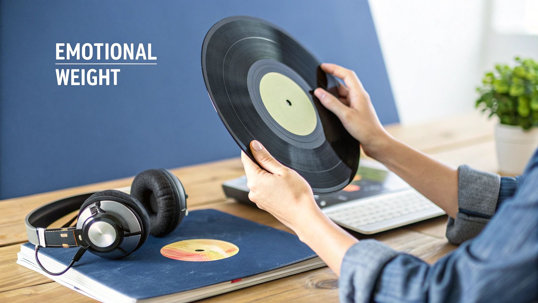 Person holding vinyl record at desk with headphones representing emotional weight and music therapy