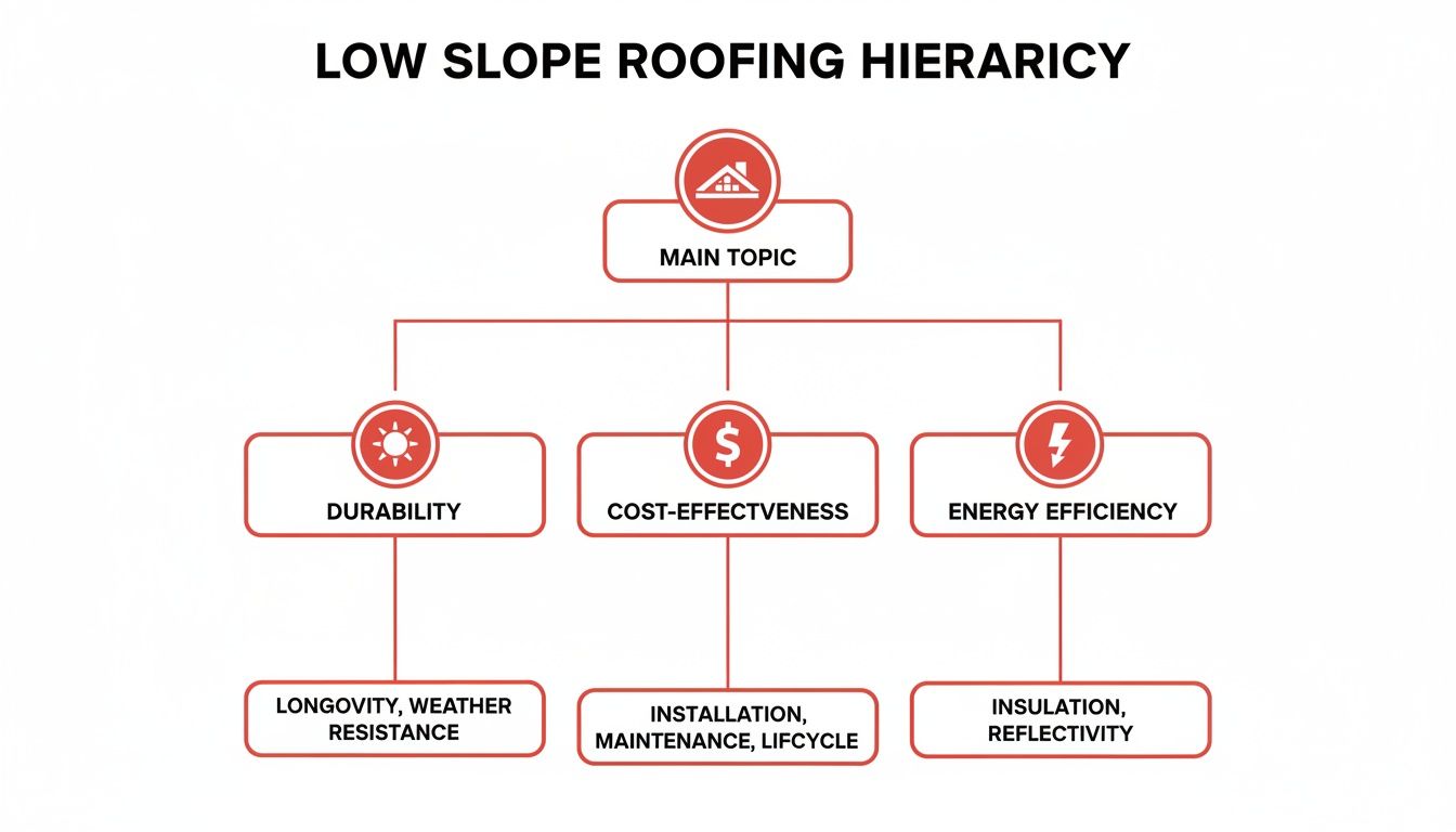 Hierarchy diagram outlining low slope roofing considerations: durability, cost-effectiveness, and energy efficiency factors.