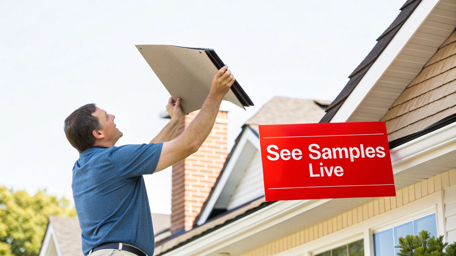 Home inspector examining roof samples and siding while reviewing house exterior materials for color selection