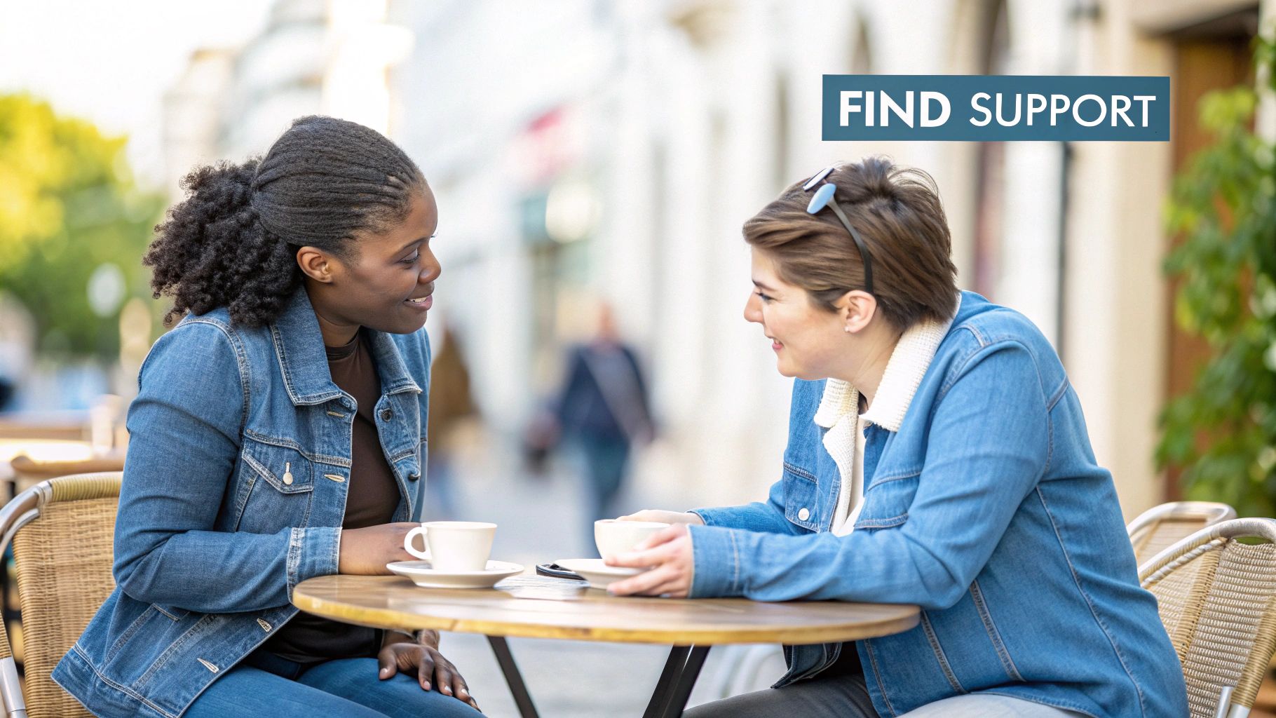 Two diverse women smile and talk over coffee at an outdoor cafe, with a 'FIND SUPPORT' banner.