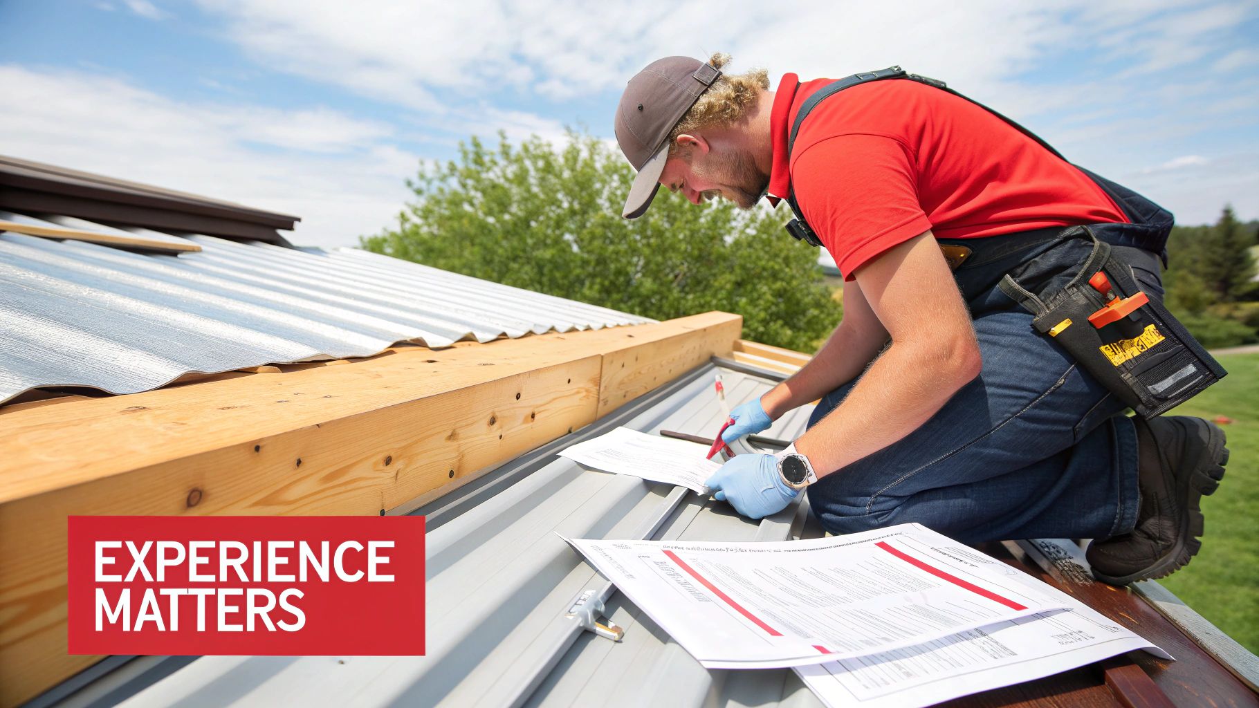 A team of roofers working together on a complex tile roof installation.