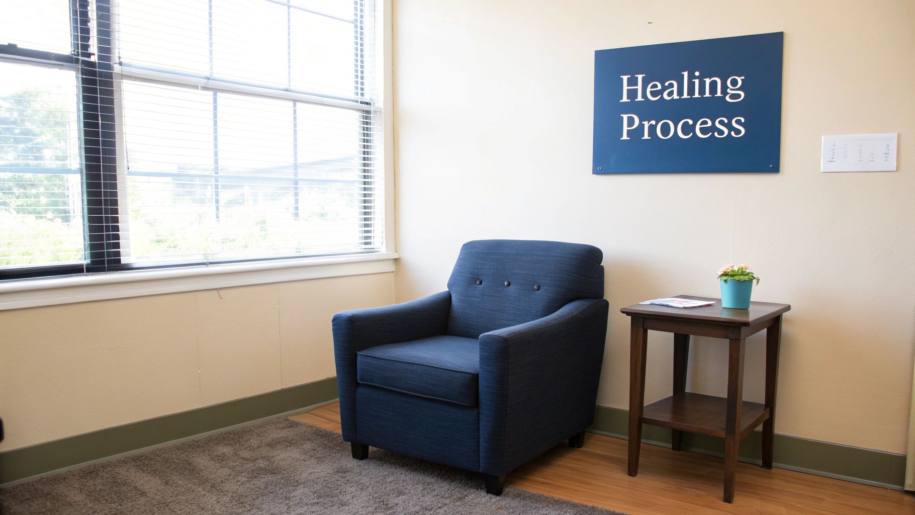 A calm therapy room featuring a blue armchair, a small side table, and a window with blinds. A sign on the wall reads 'Healing Process'.