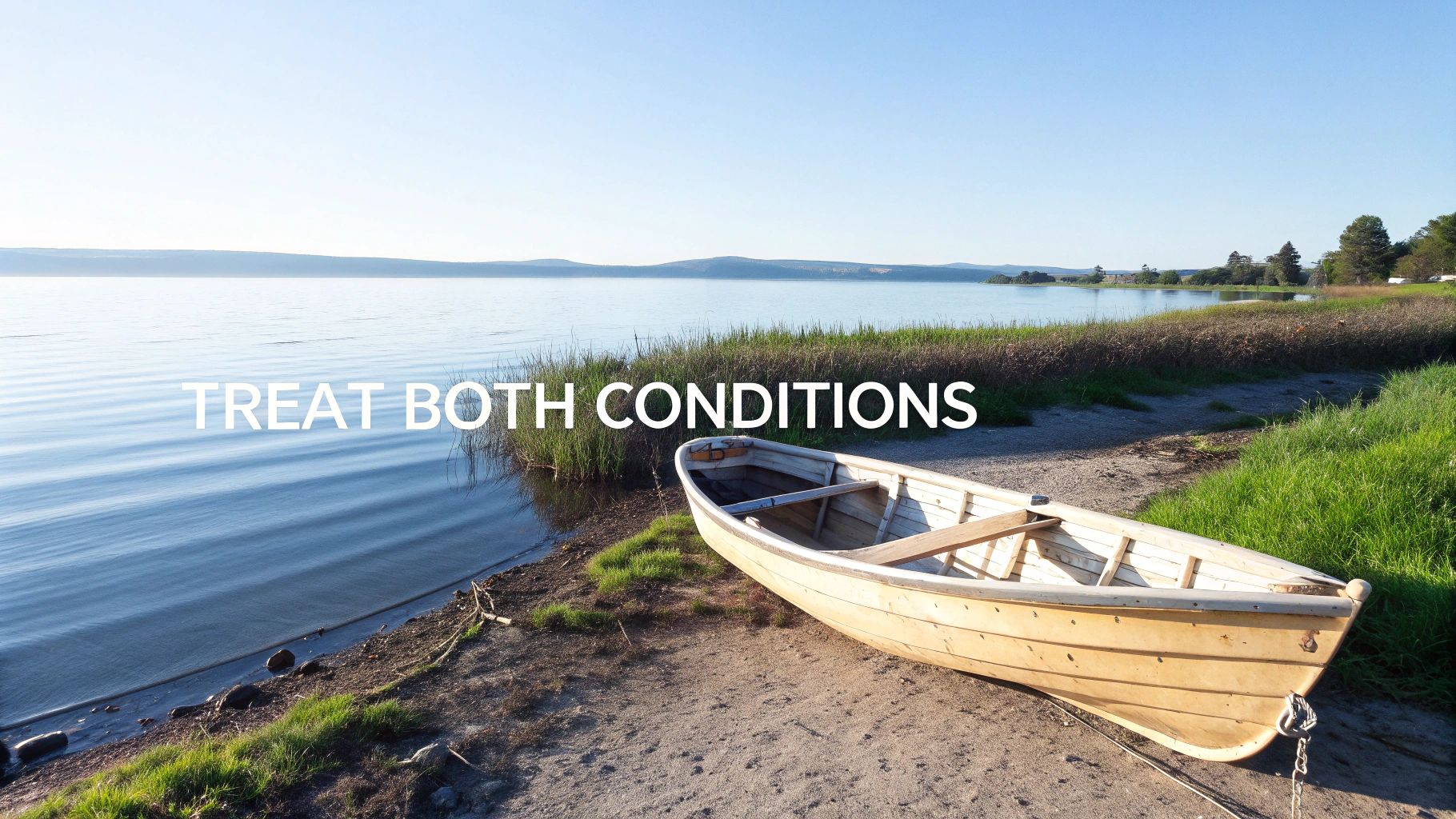 A tranquil lake scene with a wooden boat on the sandy shore and text 'TREAT BOTH CONDITIONS'.