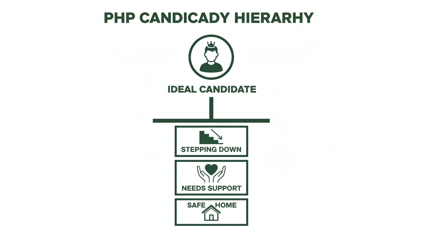A PHP Candidacy Hierarchy diagram showing Ideal Candidate, Stepping Down, Needs Support, and Safe Home levels.