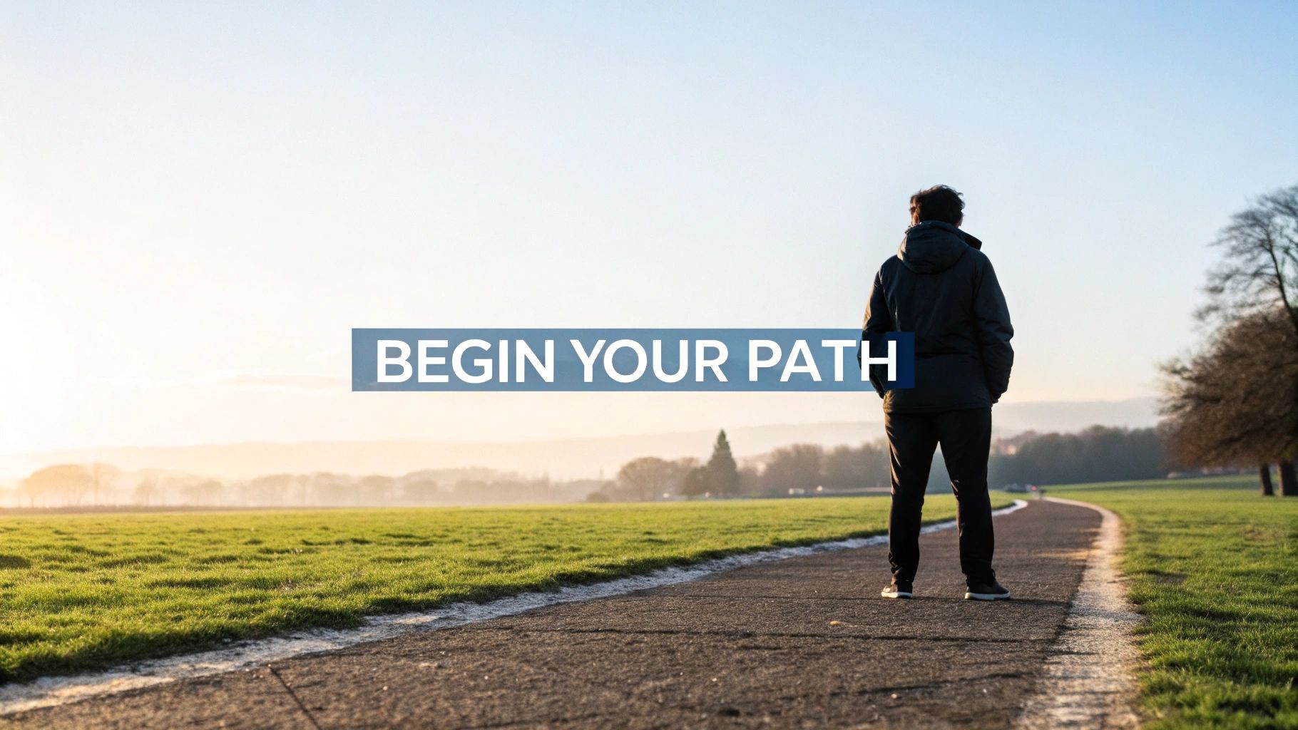 A person stands on a path at sunrise, looking towards a bright horizon, with the text 'BEGIN YOUR PATH'.