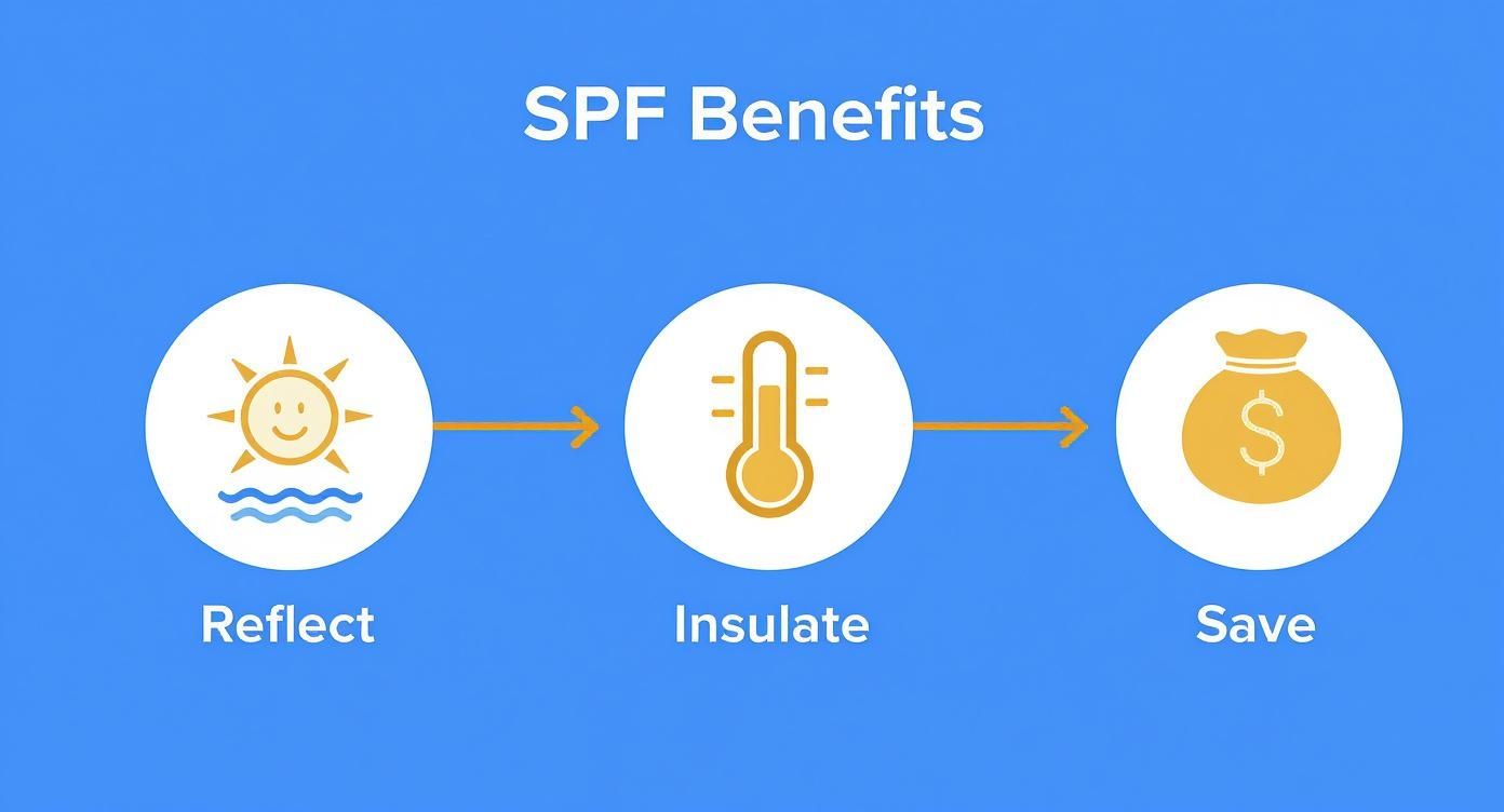 Diagram illustrating SPF benefits: reflect (sun), insulate (thermometer), and save (money bag).