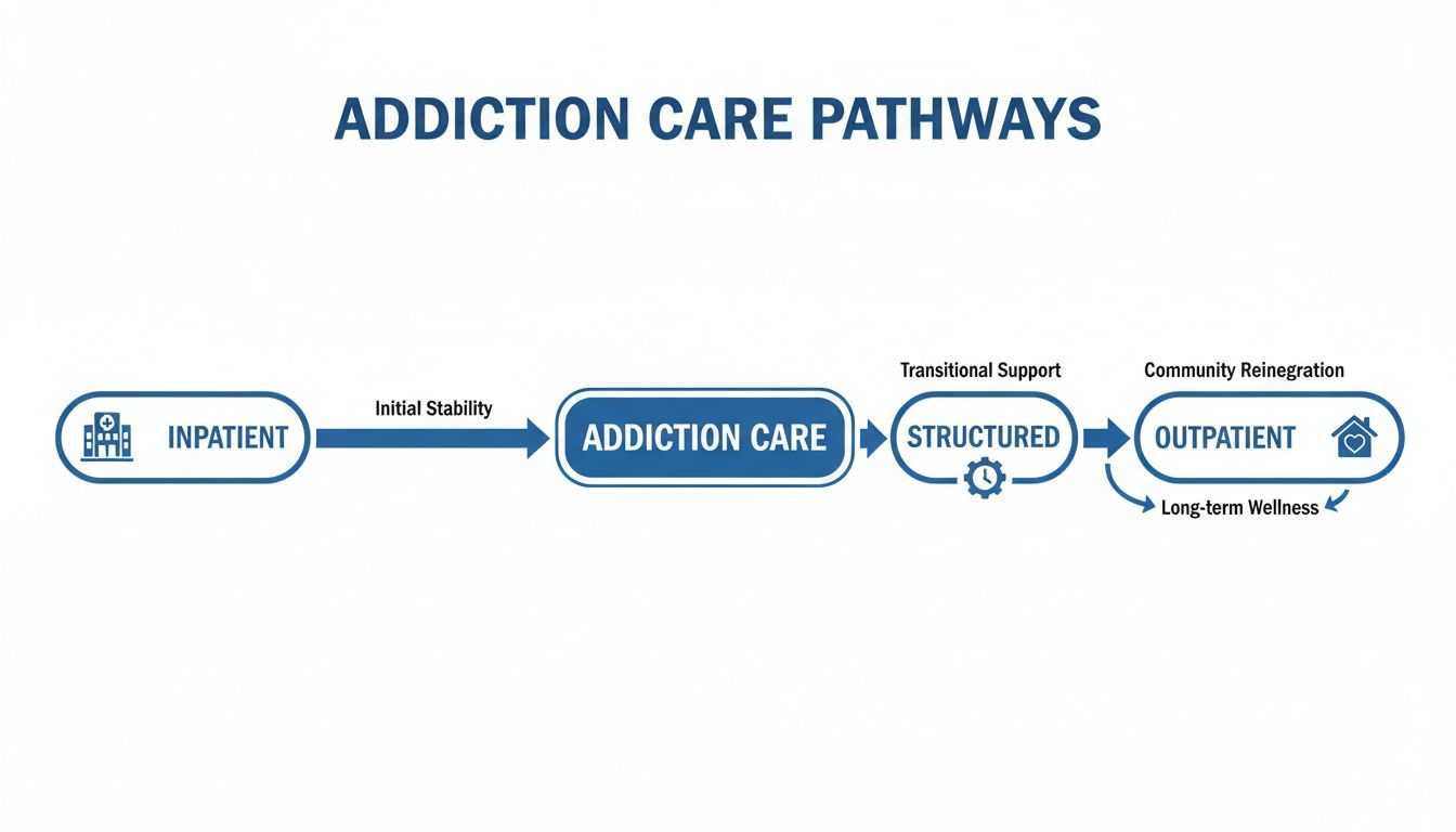 Flowchart illustrating addiction care pathways from inpatient and structured support to outpatient and long-term wellness.