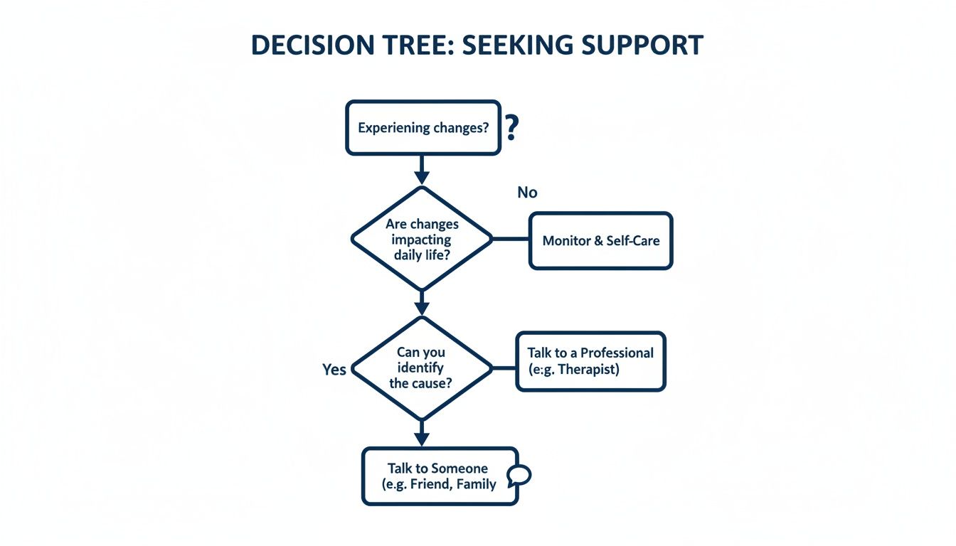 A decision tree flowchart titled 'Decision Tree: Seeking Support' with steps for addressing personal changes.
