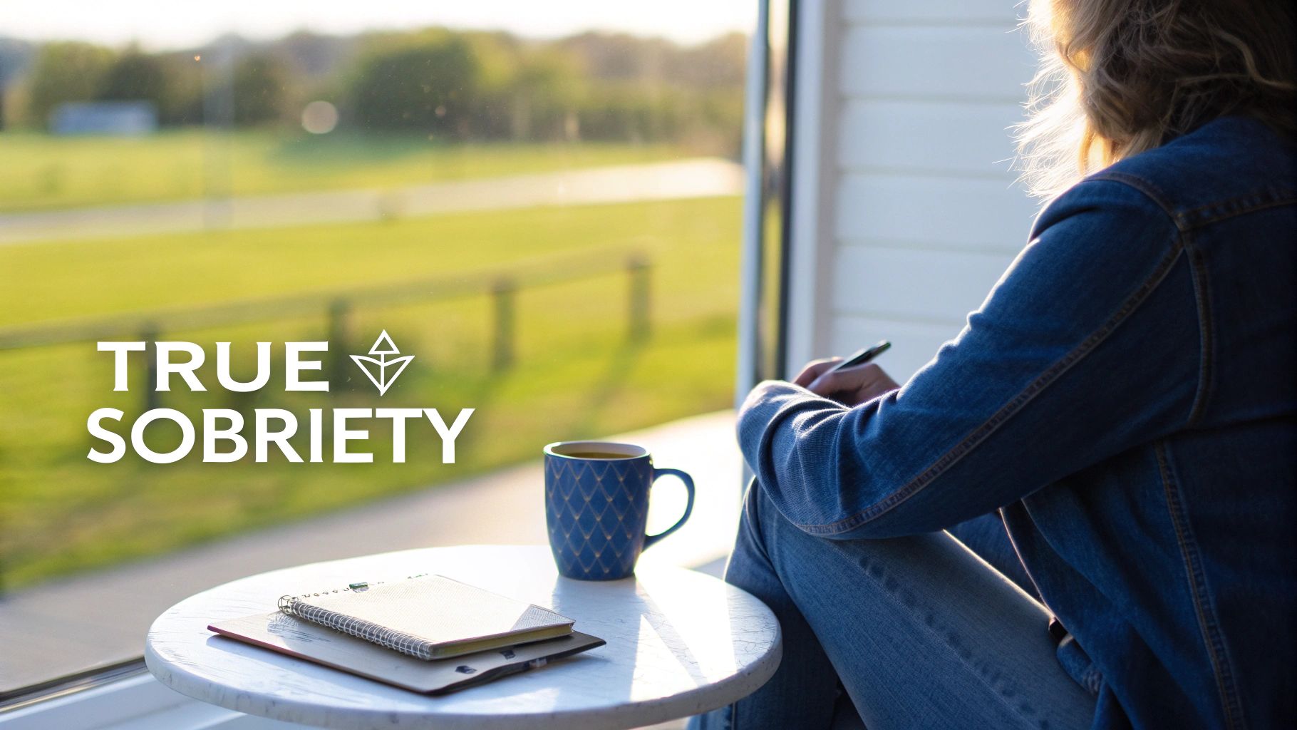 A person in denim sitting by a window with a mug and notebook, reflecting on sobriety.