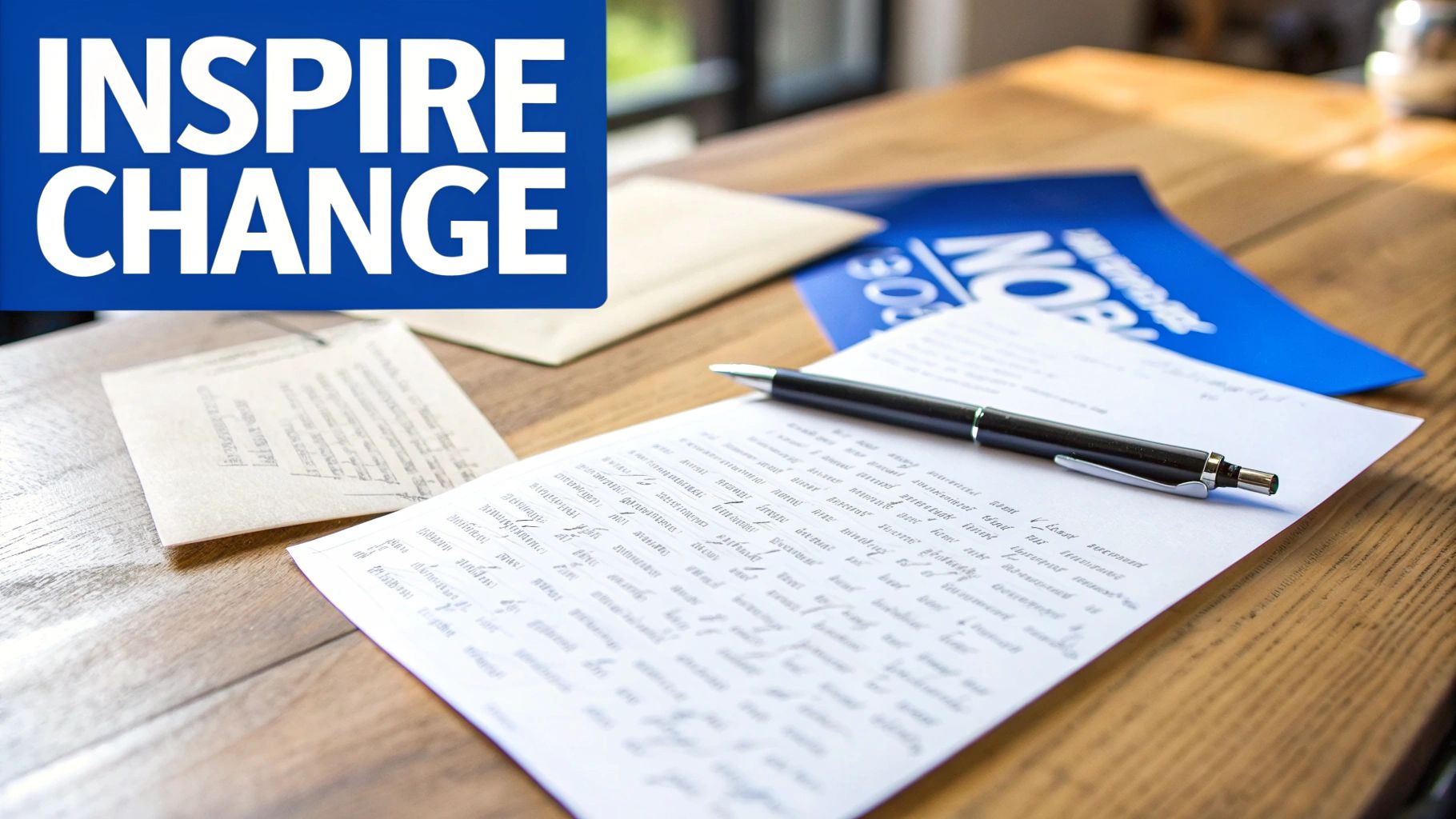 A person writing a heartfelt letter at a wooden desk with a cup of coffee nearby.