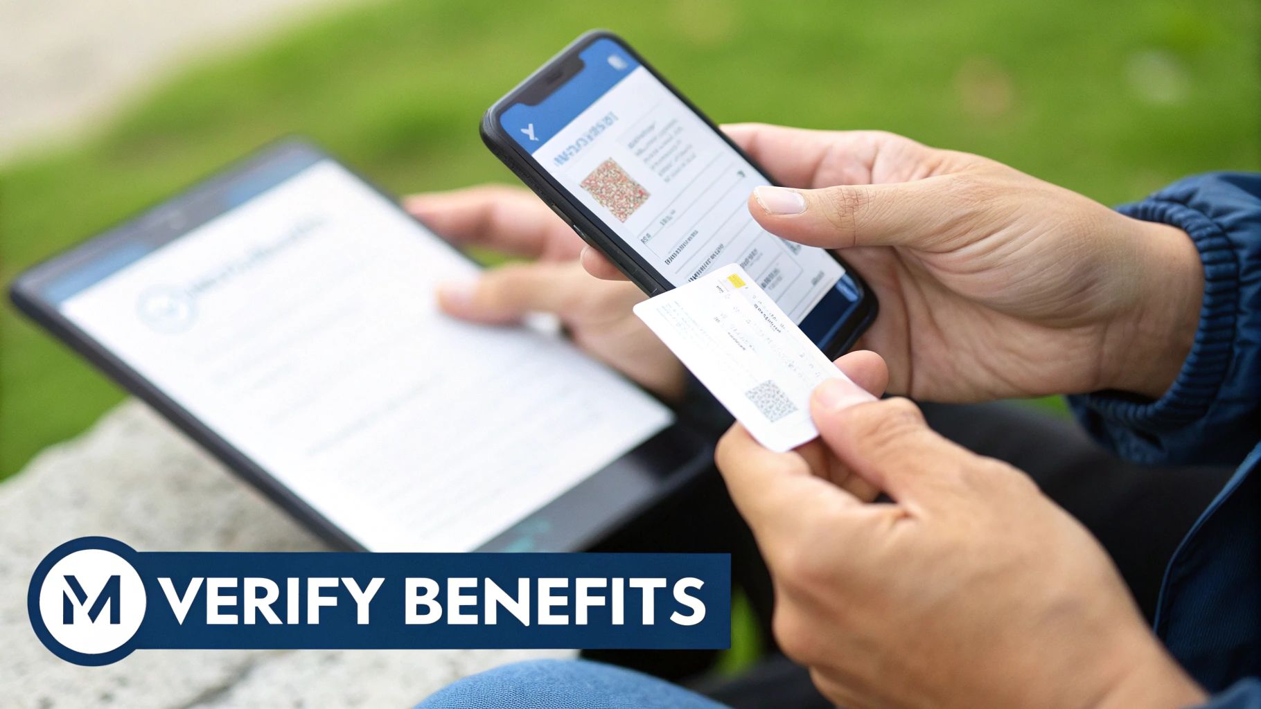A person's hands hold a smartphone displaying benefits information and a physical card, verifying benefits.