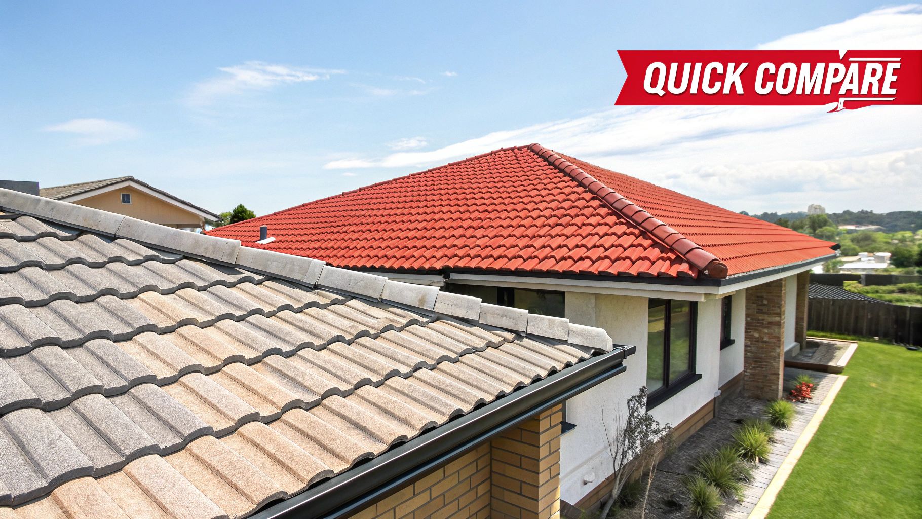 A side-by-side comparison of a new red clay tile roof and an older concrete tile roof.